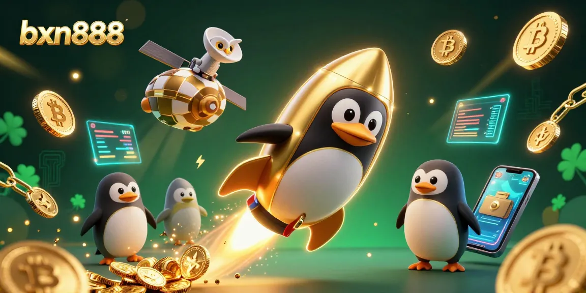 Experience the excitement of bxn888 with a cartoon penguin and floating crypto elements in this vibrant casino scene.
