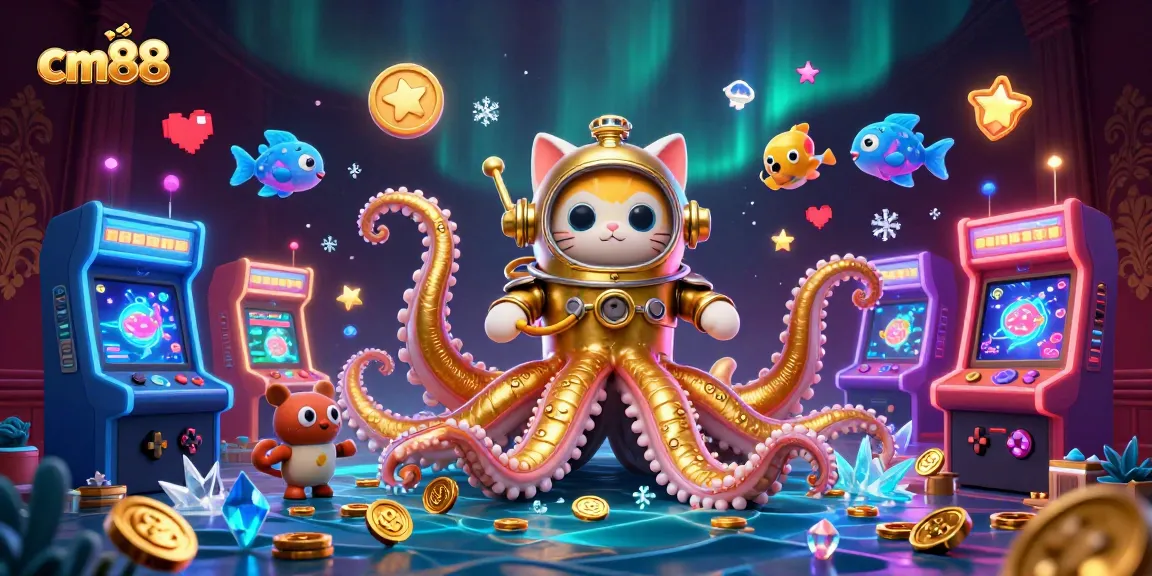 Experience thrilling gameplay at cm88 with a vibrant underwater casino scene featuring a kraken and diving cat.