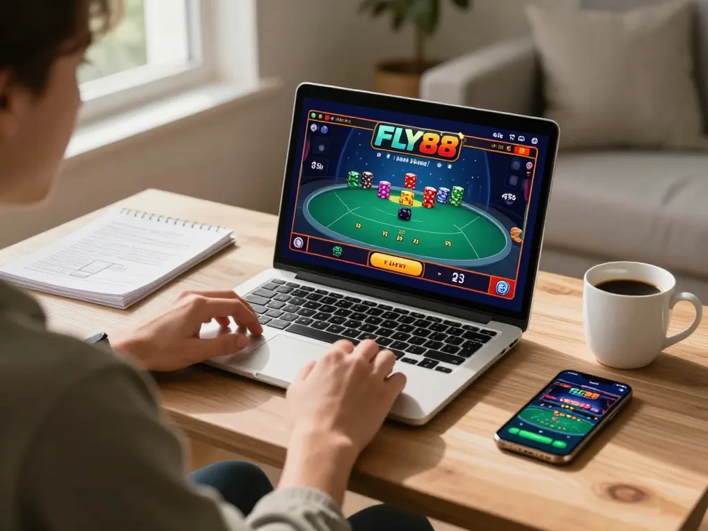 Player engaging with FLY88 poker game online on a cozy workspace, showcasing strategic gambling.