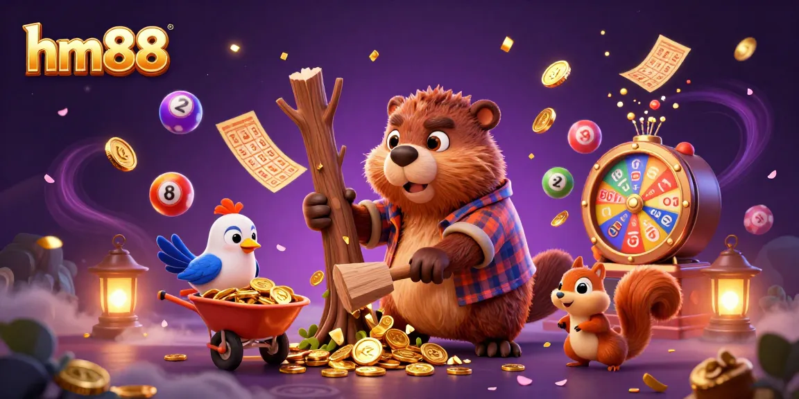Engage in vibrant hm88 gaming action with cartoon characters amid flying lottery balls and golden coins.