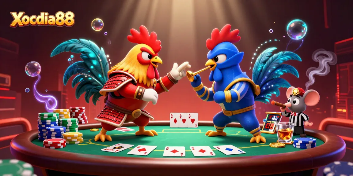 Xocdia88 offers an exciting showdown between roosters in battle attire, enhancing the gambling atmosphere.