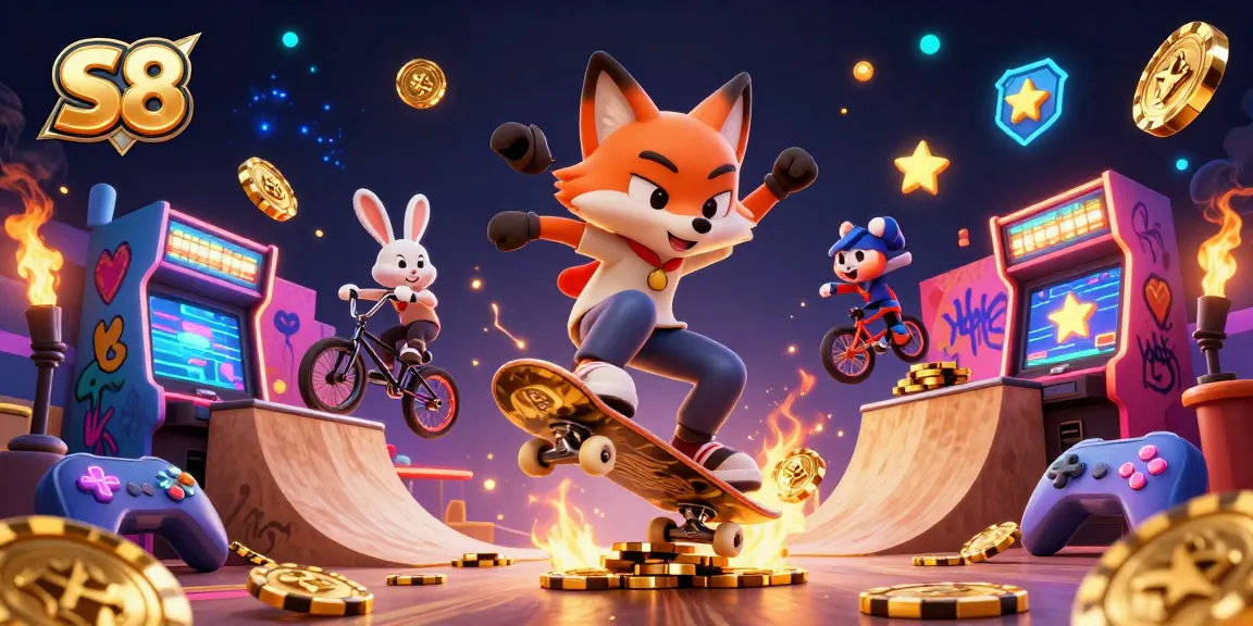Experience S8 excitement with a vibrant illustration of a gambling-themed skateboarding scene.