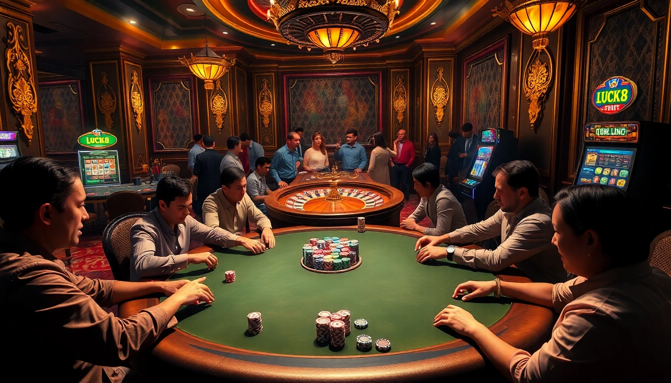 Luck8 casino scene with players engaging at a poker table, surrounded by high-stakes excitement.