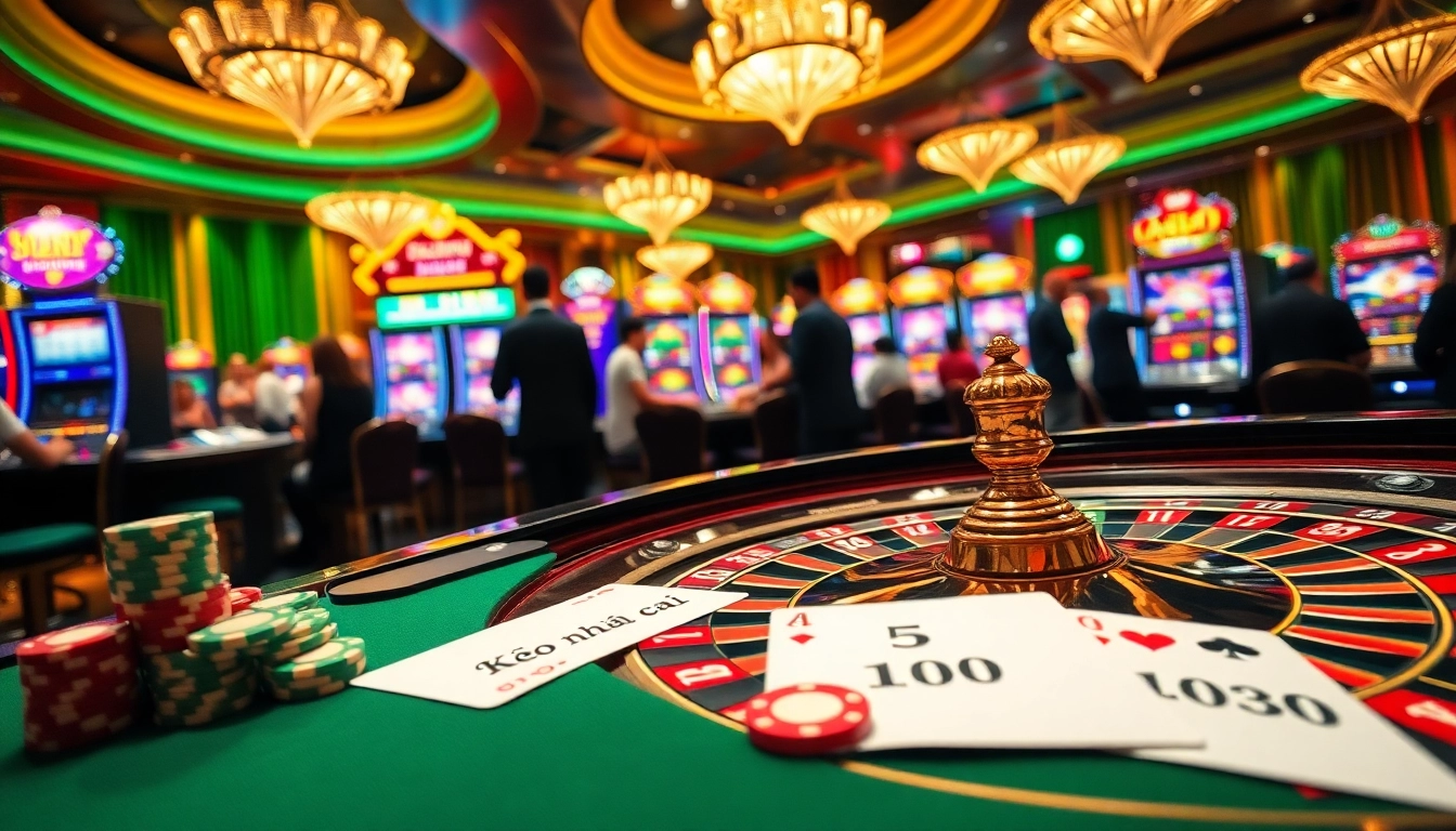 Kèo nhà cái 5 betting slip amidst vibrant casino activity with roulette and slot machines.