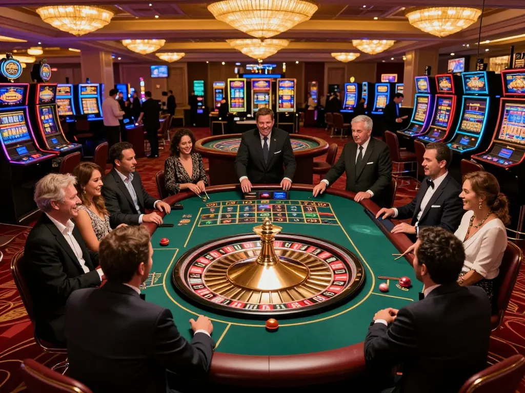 Experience luck8 excitement at a lively casino floor with players at a roulette table.