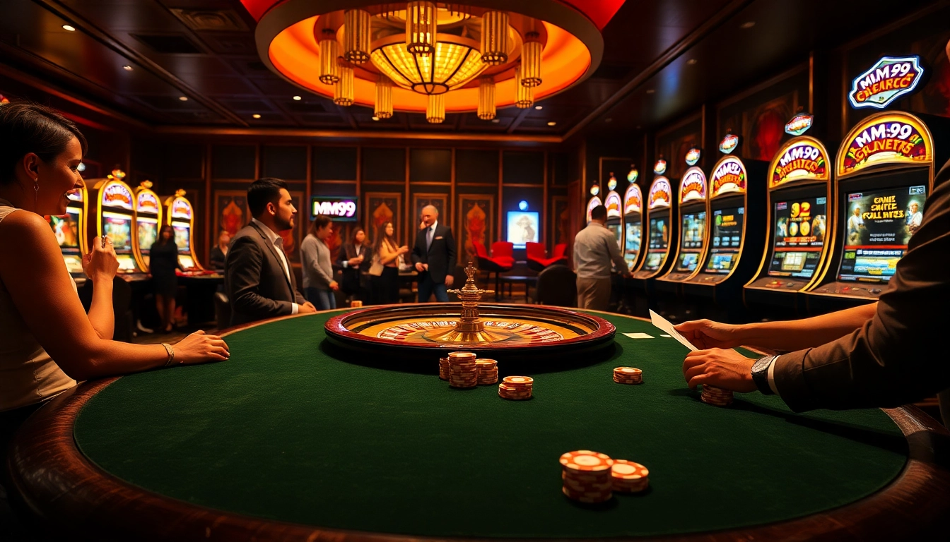 MM99 poker players enjoying a thrilling game at a luxurious casino table.