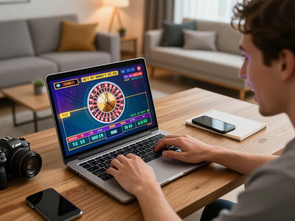 A person engaging with the alo8 online casino interface, displaying a digital roulette table in a modern home setting.