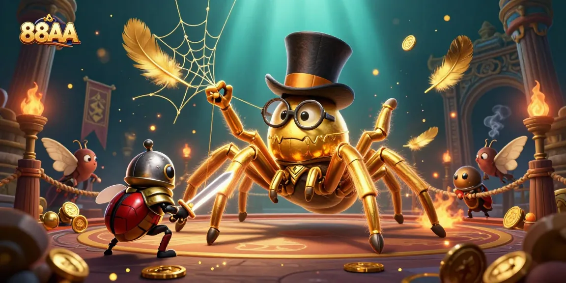 Engage in excitement at 88AA with a vibrant scene featuring a golden tarantula and brave beetle knight.