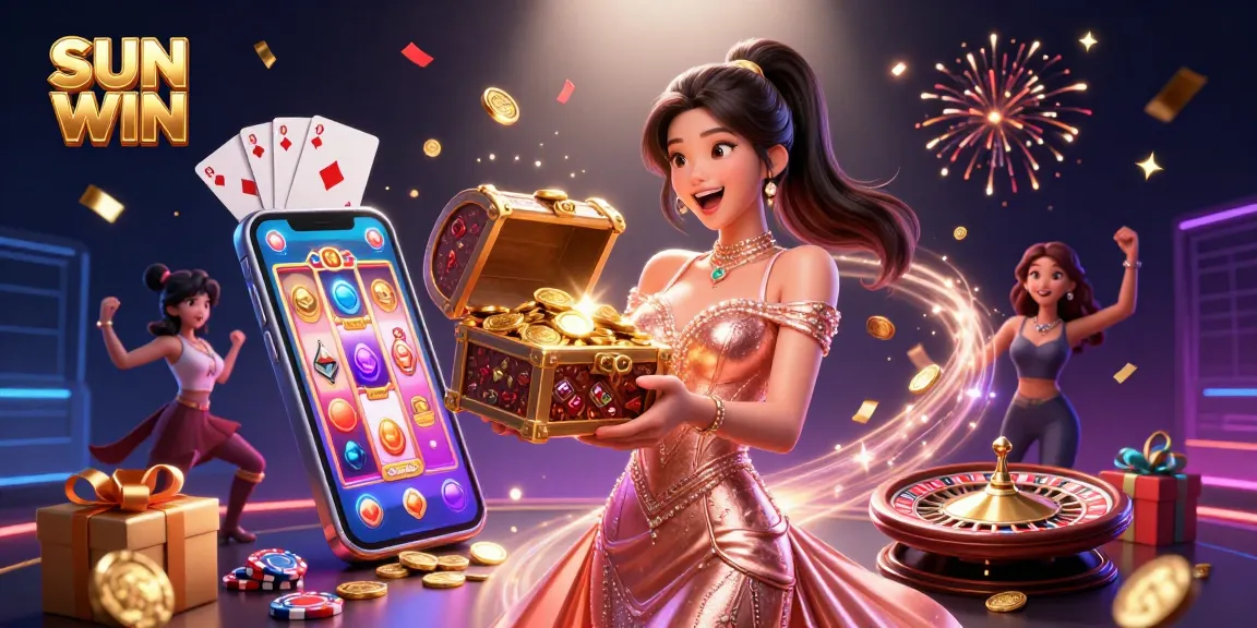 Experience thrilling wins with SUN WIN at a vibrant online casino scene featuring a joyful woman and rich treasures.