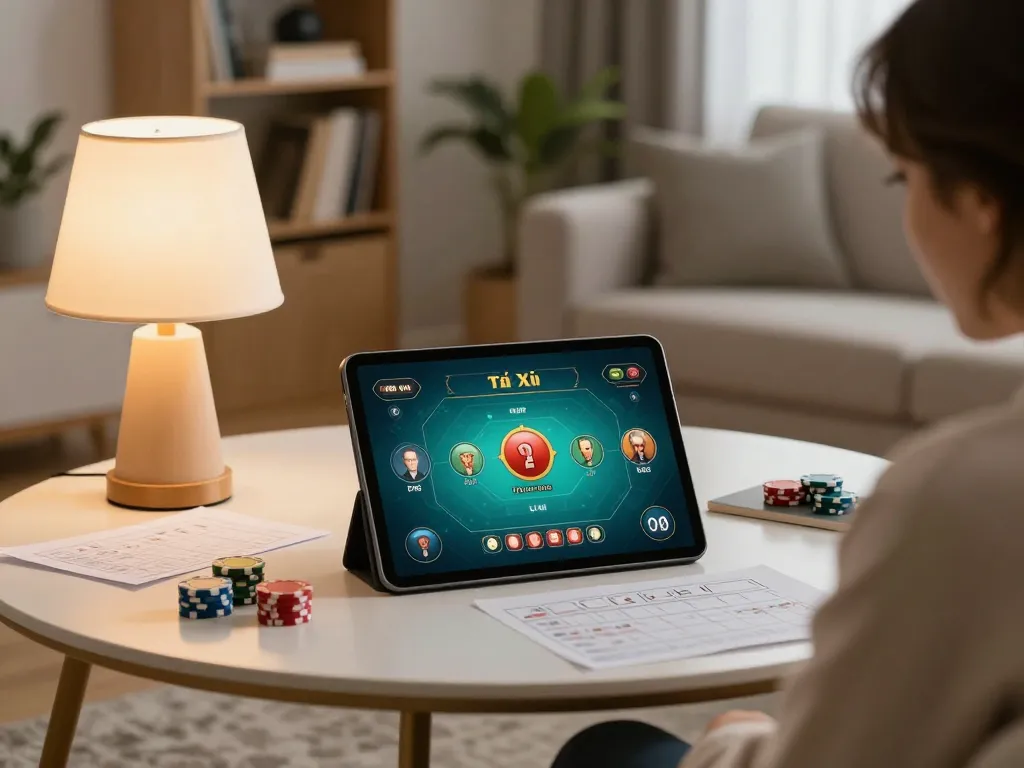 A player engaged in an online Tài Xỉu game on a tablet in a cozy, stylish living room, reflecting responsible gambling habits