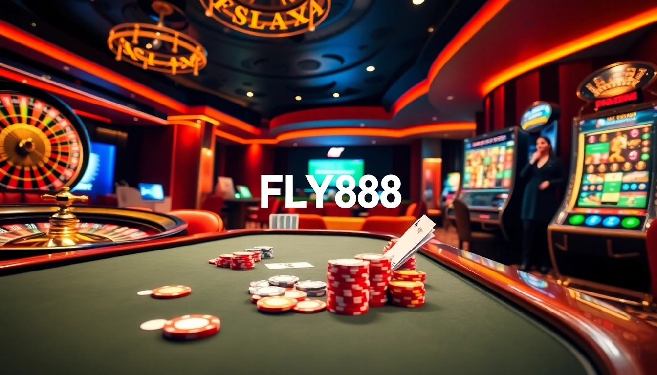 Experience the excitement of FLY88 with a luxurious casino scene featuring poker, roulette, and online gaming.