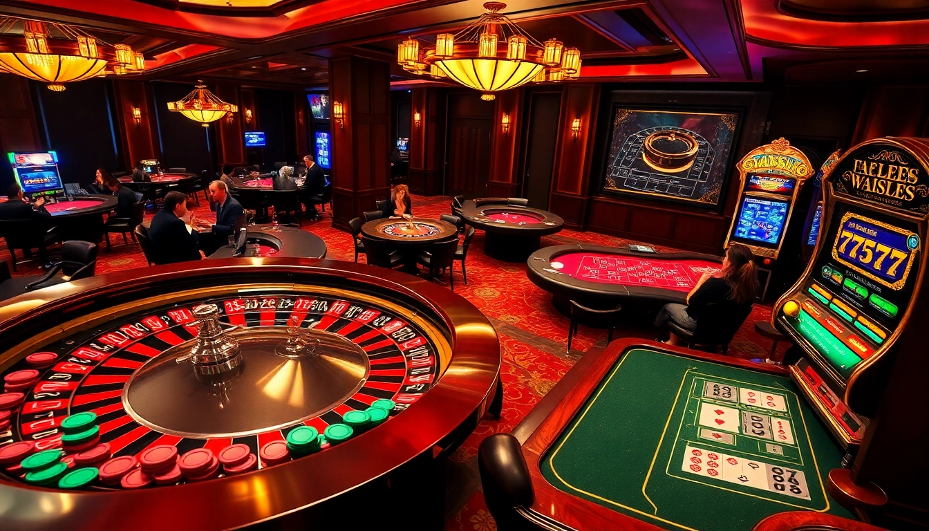 SAY88 casino scene showcasing thrilling games and vibrant roulette wheel action.