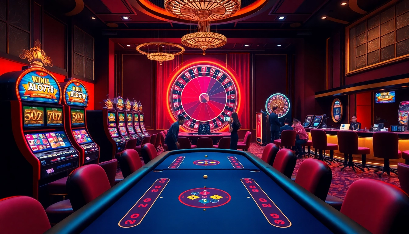 Experience the thrill of ALO789 VN with a stunning online casino scene featuring poker, slots, and roulette.