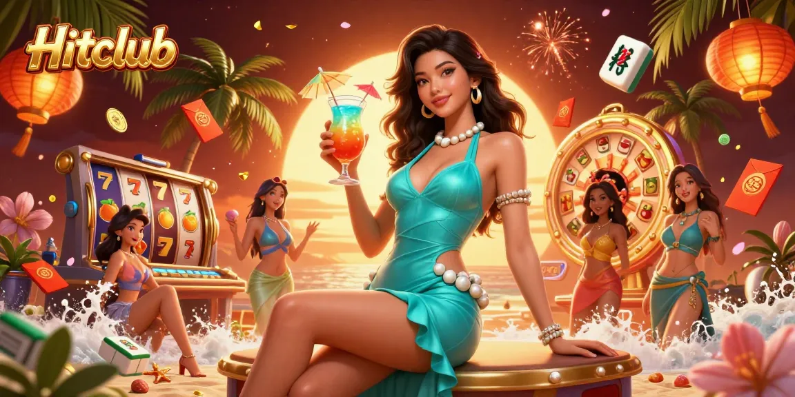 Hitclub showcases a stunning tropical casino scene with vibrant slot games and festive decorations, enticing players with winning opportunities.