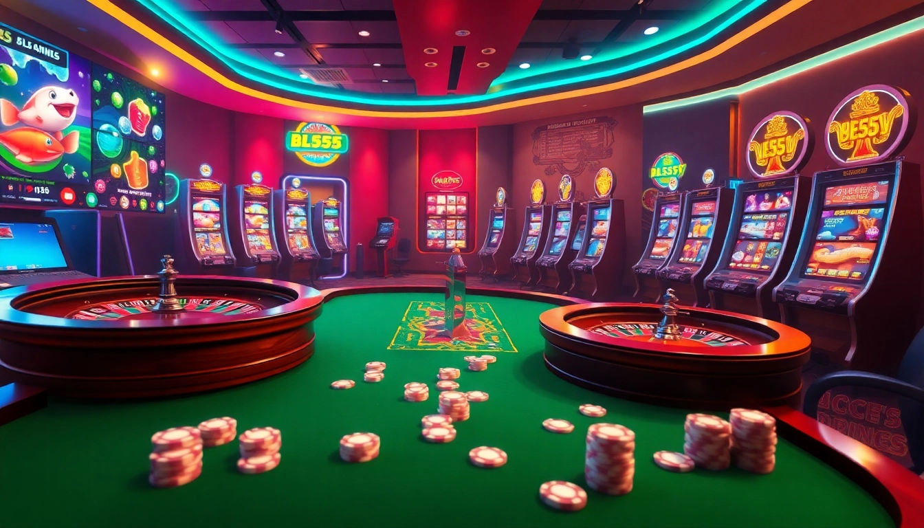 Trải nghiệm sự phấn khích của BL555 với hình ảnh sòng bạc sống động bao gồm roulette, chip poker và máy slot.