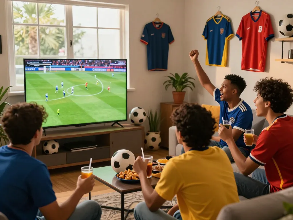 Okwintv streaming football match in a lively living room with friends cheering.