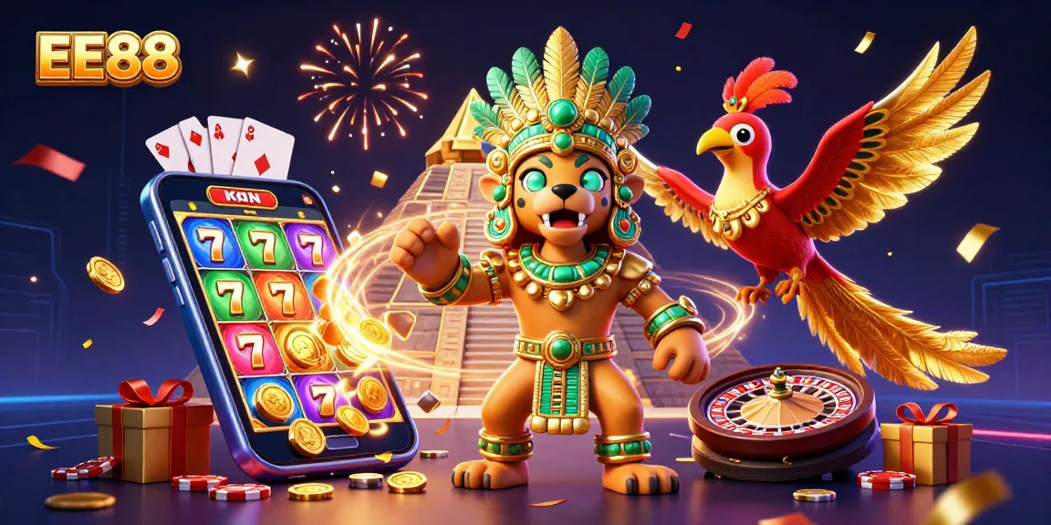 Engage with slot games at EE88, featuring vibrant characters and casino elements in 3D.