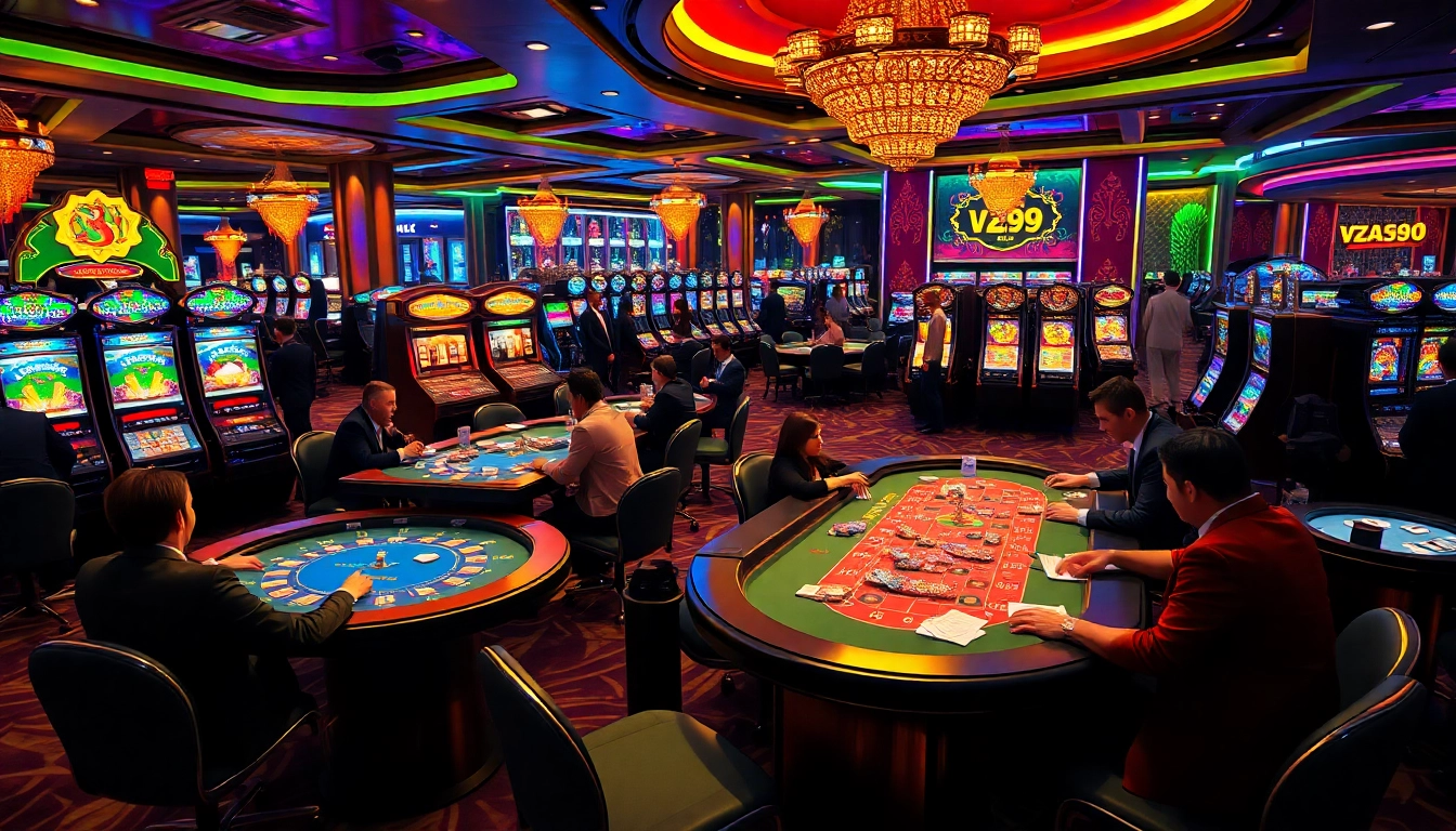 Dynamic gambling scene at vz99 casino with players at tables and vibrant slot machines.
