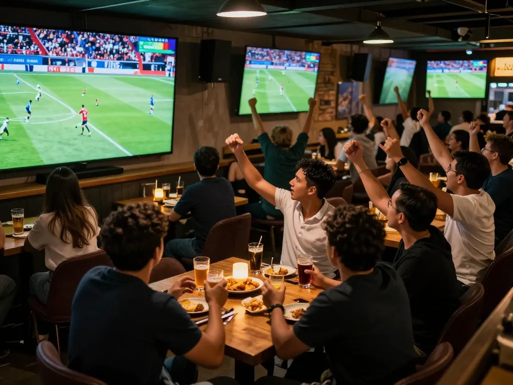 Fans cheering while watching soccer on Cakhiatv screens, capturing the excitement of live sports.