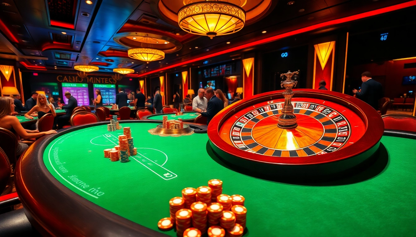 Engaged gamblers enjoy high-stakes games at the go8 casino, surrounded by vibrant tables and dazzling decor.