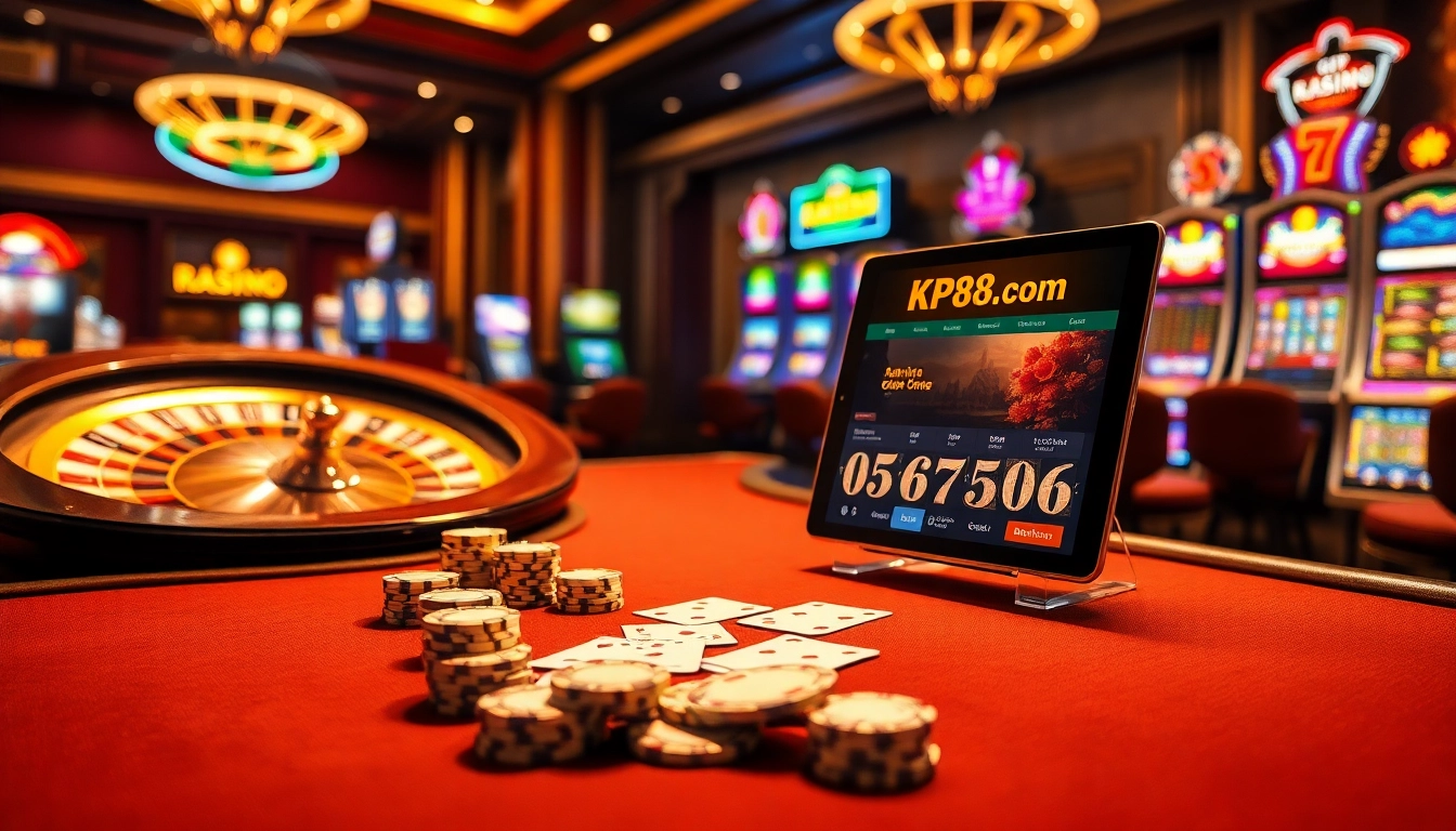Experience exciting gameplay at kp88 com with a vibrant casino setting featuring poker chips and a roulette wheel.