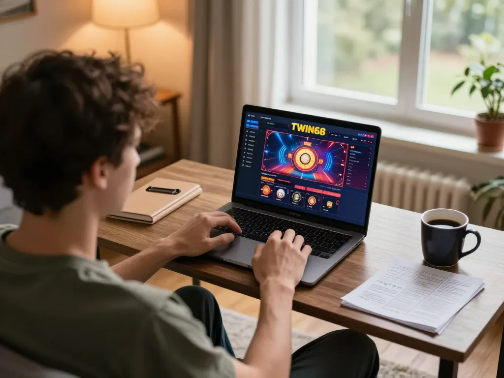 TWIN68 player engaging with online casino on laptop, showcasing gaming strategy