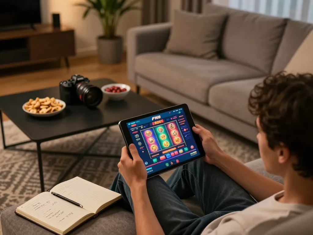 F168 online casino gameplay on a tablet showcasing vibrant slot games in a cozy home setting