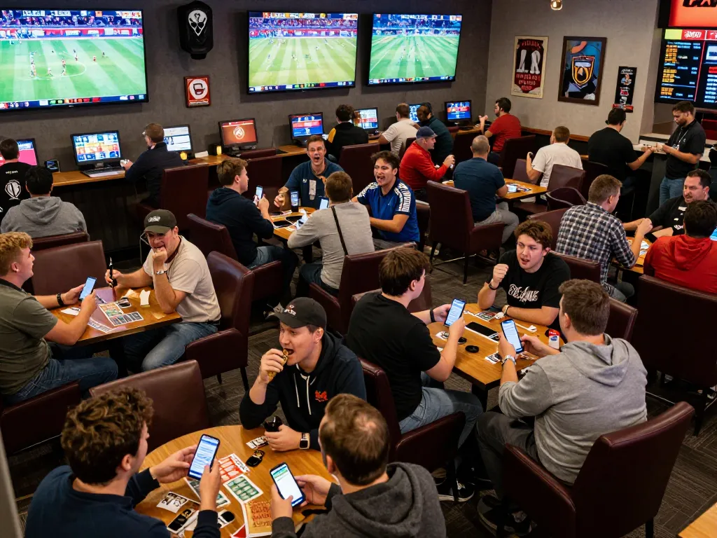 Cheering fans engaging in sports betting at the 11BET lounge with multiple screens showing live games.
