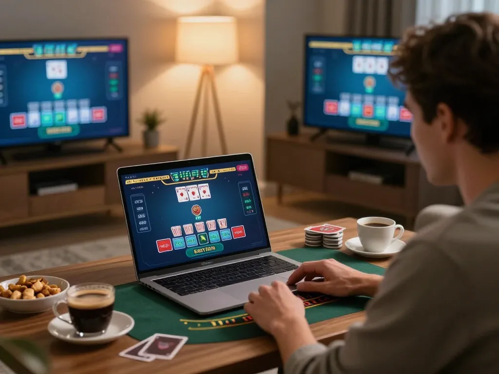 Player enjoying blackjack on me99 online casino at home with engaging gameplay.