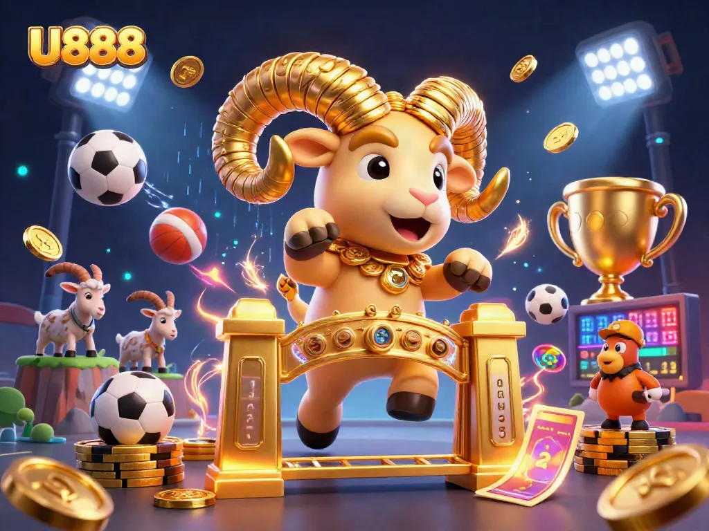 U888 features a golden ram charging through casino elements, showcasing sports betting excitement.