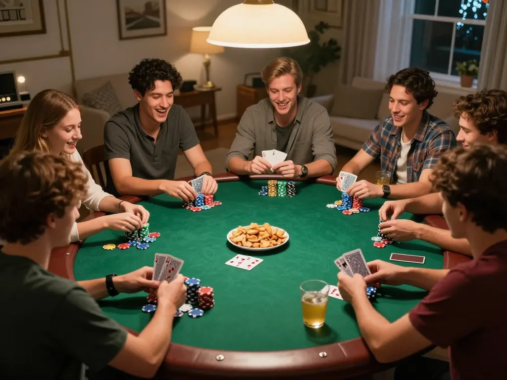 Friends enjoying a lively home poker game, focusing on MM88 strategies and vibrant player interactions.