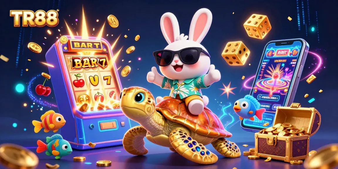 Experience TR88 in this vibrant scene with a lucky rabbit, golden turtle, and thrilling casino elements.