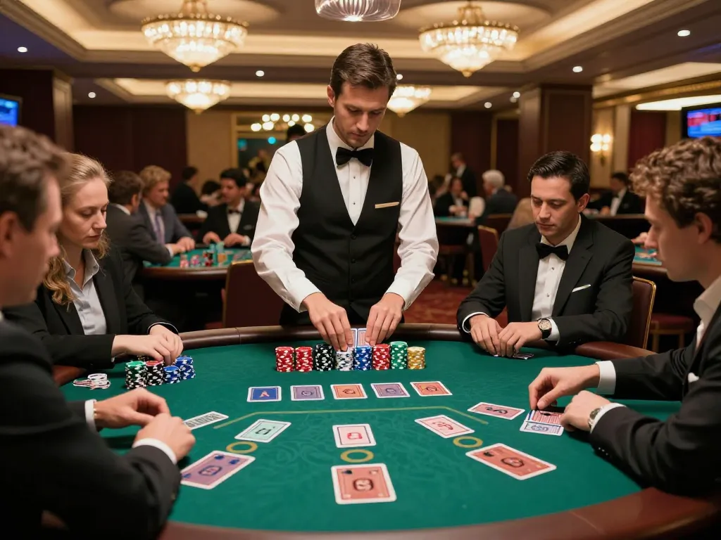 Engaged players at https://five88az.net/ focused on blackjack table with vibrant chips and elegant dealer in upscale casino.
