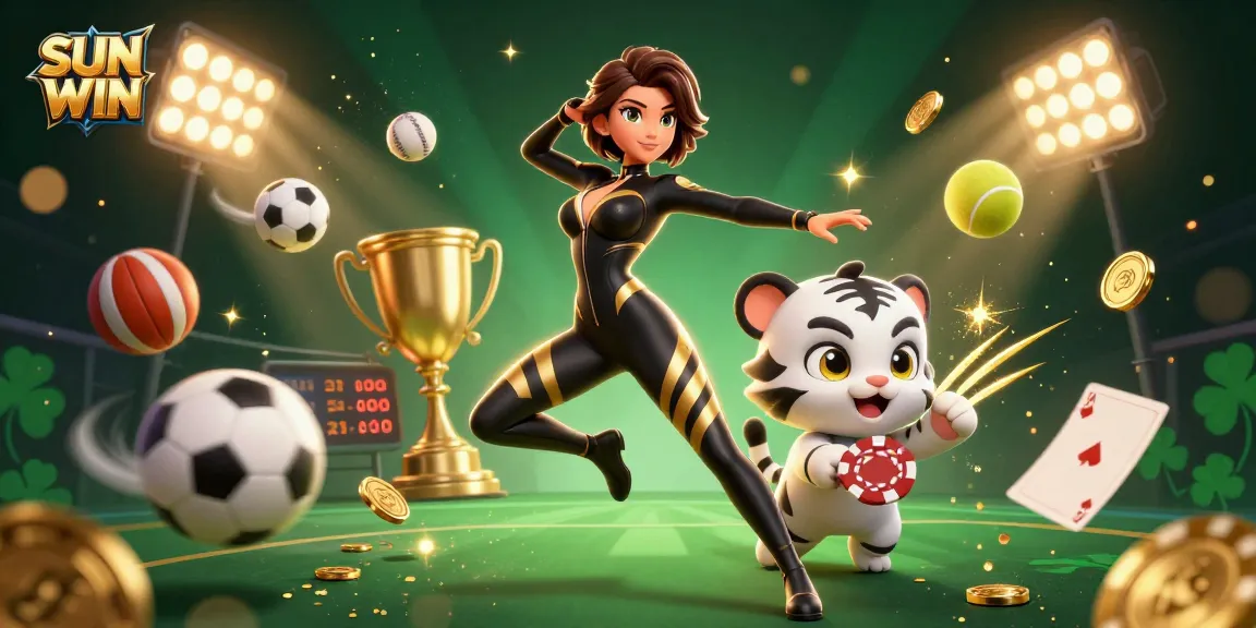 SUN WIN casino scene with a dynamic woman and a baby tiger, featuring sports elements and a glowing trophy