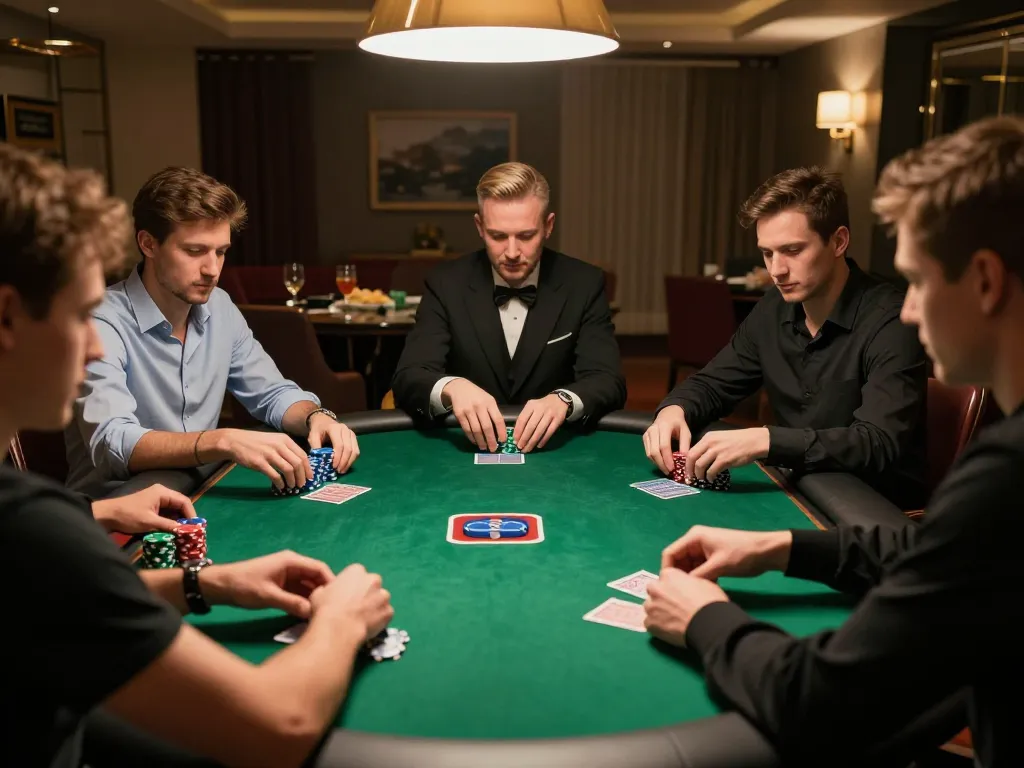 Players engaged in a tense poker game at F8bet's exclusive tables, focusing on strategy and competition