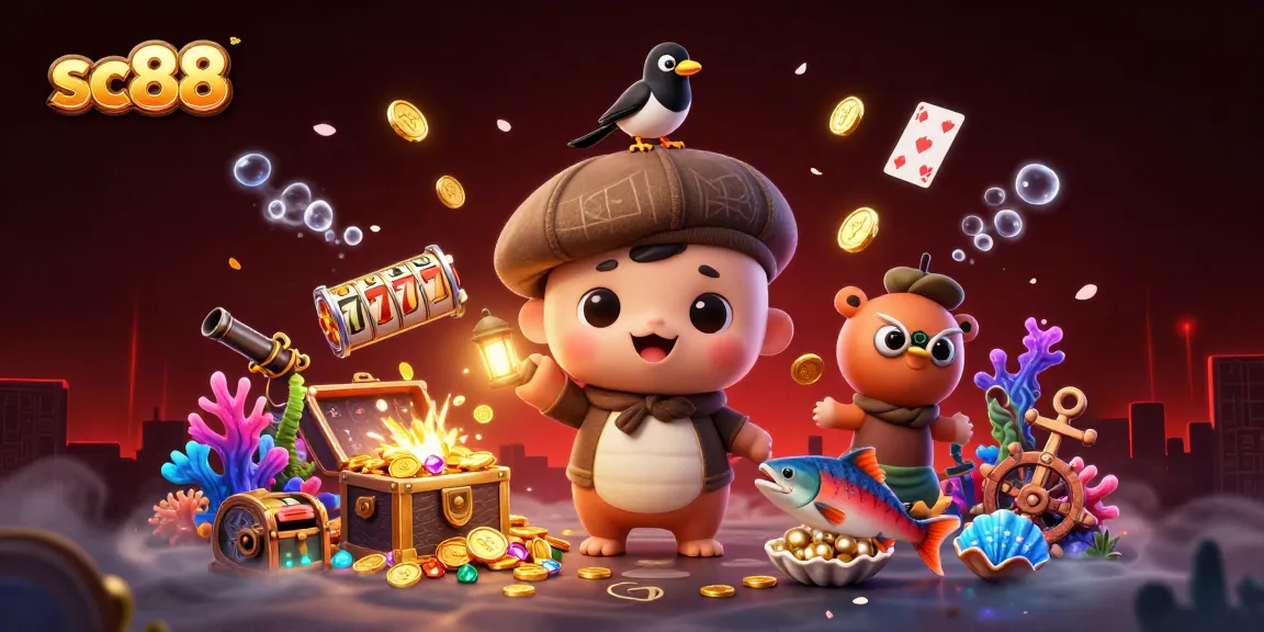 Experience sc88's vibrant world with 3D cartoon characters in a rich casino-themed scene.