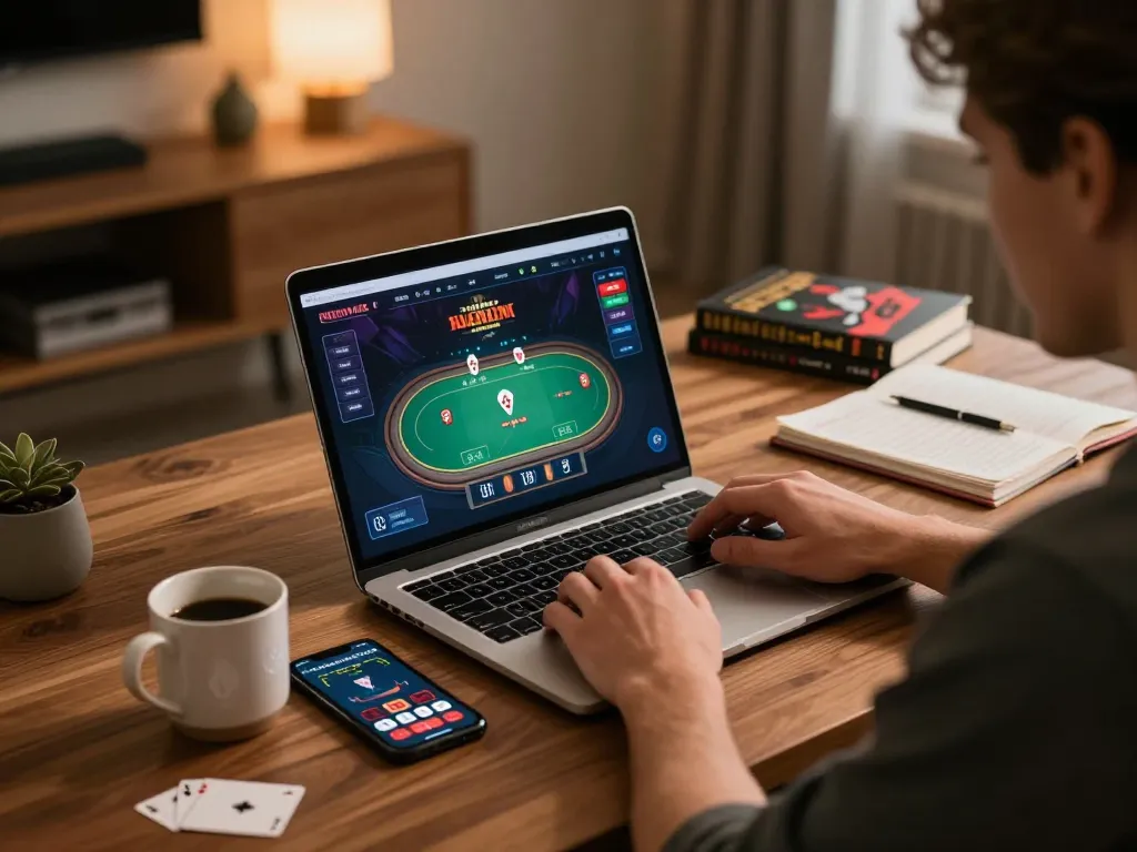 Engaged player at home using sumclub for online poker with cozy gaming setup