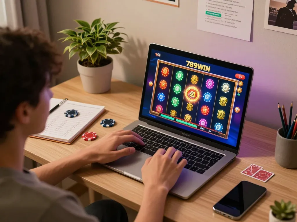 Engaging in a lively online gaming session with 789WIN on a laptop, showcasing thrilling slot gameplay.