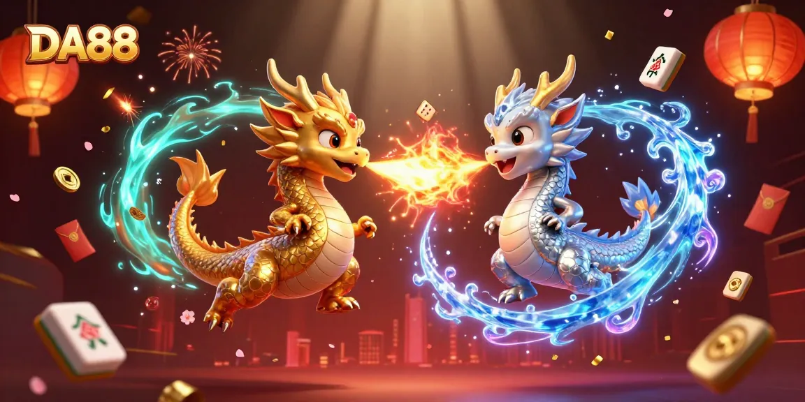 Experience the thrill of DA88's casino action with golden and silver dragons in a magical, 3D illustration.