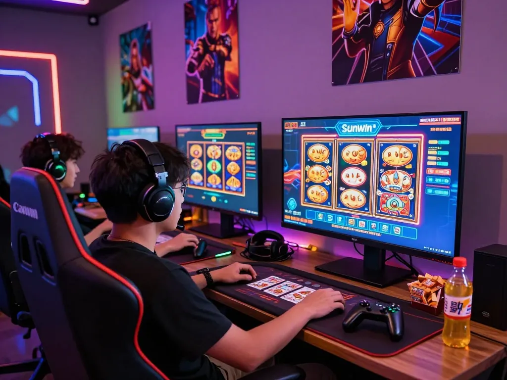 Engaging gaming scene with Sunwin platform featuring vibrant graphics and a focused player.