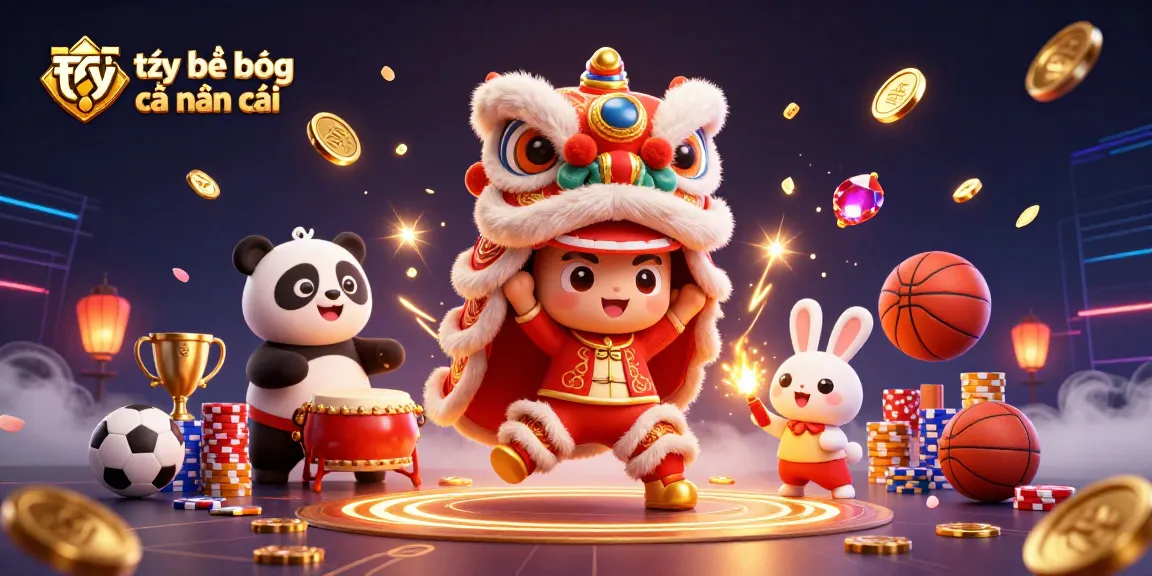 Engage with tỷ lệ bóng đá nhà cái as lucky coins and sports betting elements surround playful characters.