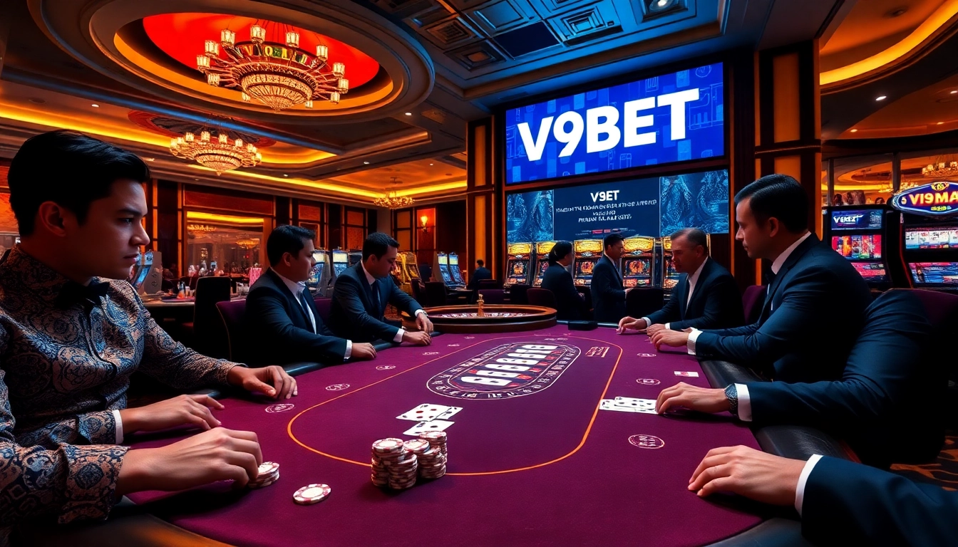 Engaged players strategizing at a high-stakes poker table in the luxurious V9BET casino.