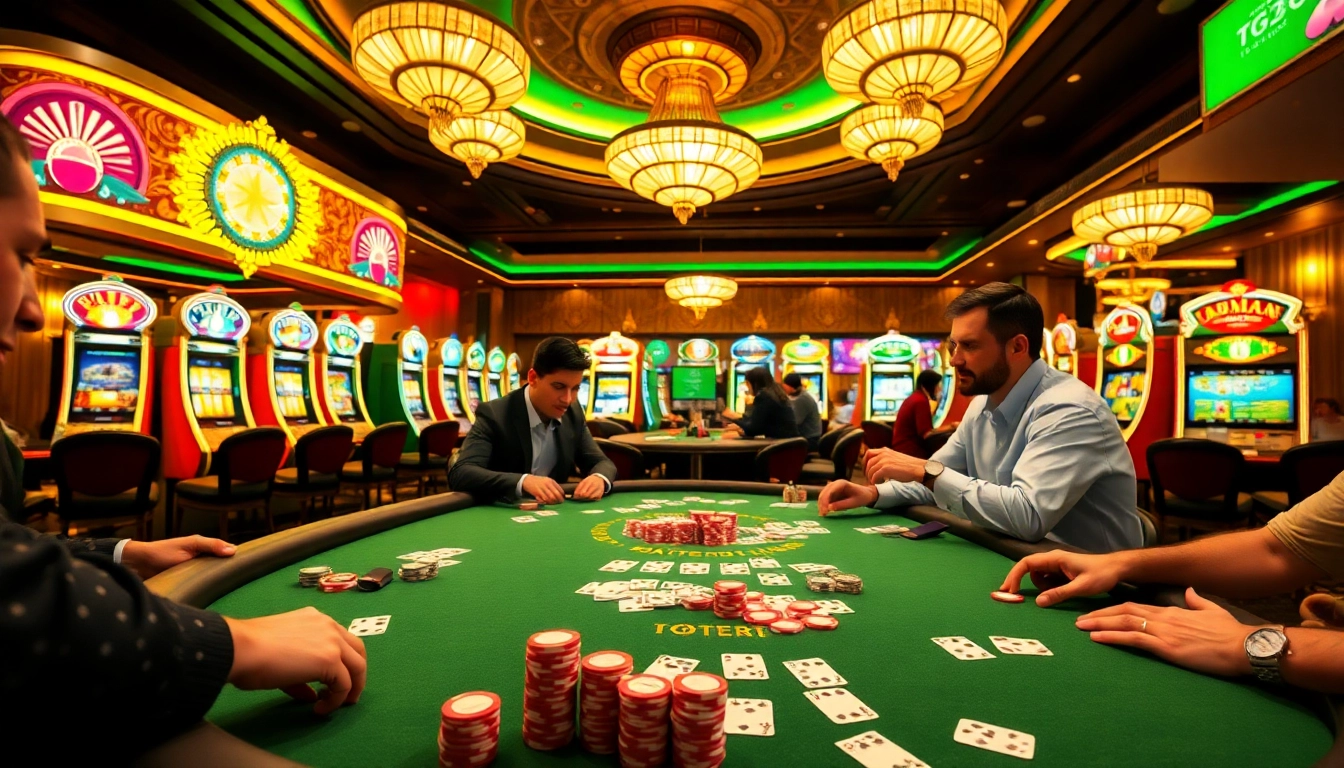 Exciting poker game at a tg88 casino table with colorful chips and engaged players.