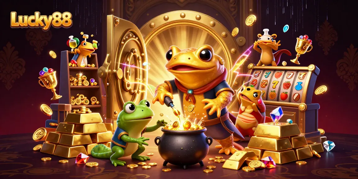 Experience Lucky88 with a magical casino scene of gold coins, slot reels, and whimsical alchemists.