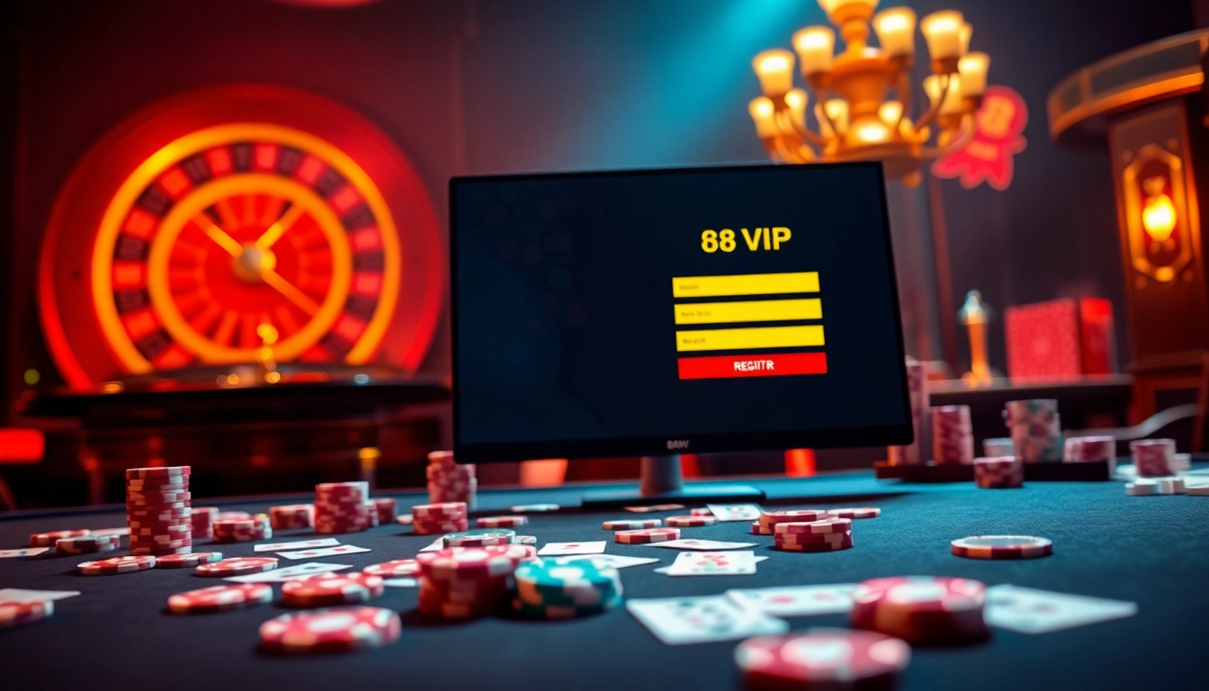Experience the thrill of Đăng Ký Nhà Cái 68VIP under the dazzling lights of a casino table, full of chips and cards.
