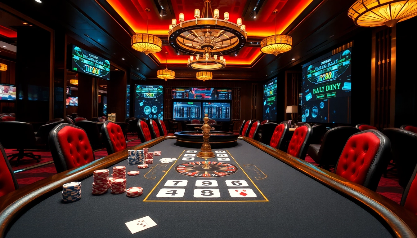 Players enjoying a thrilling game at the TP88 poker table in a vibrant casino setting.