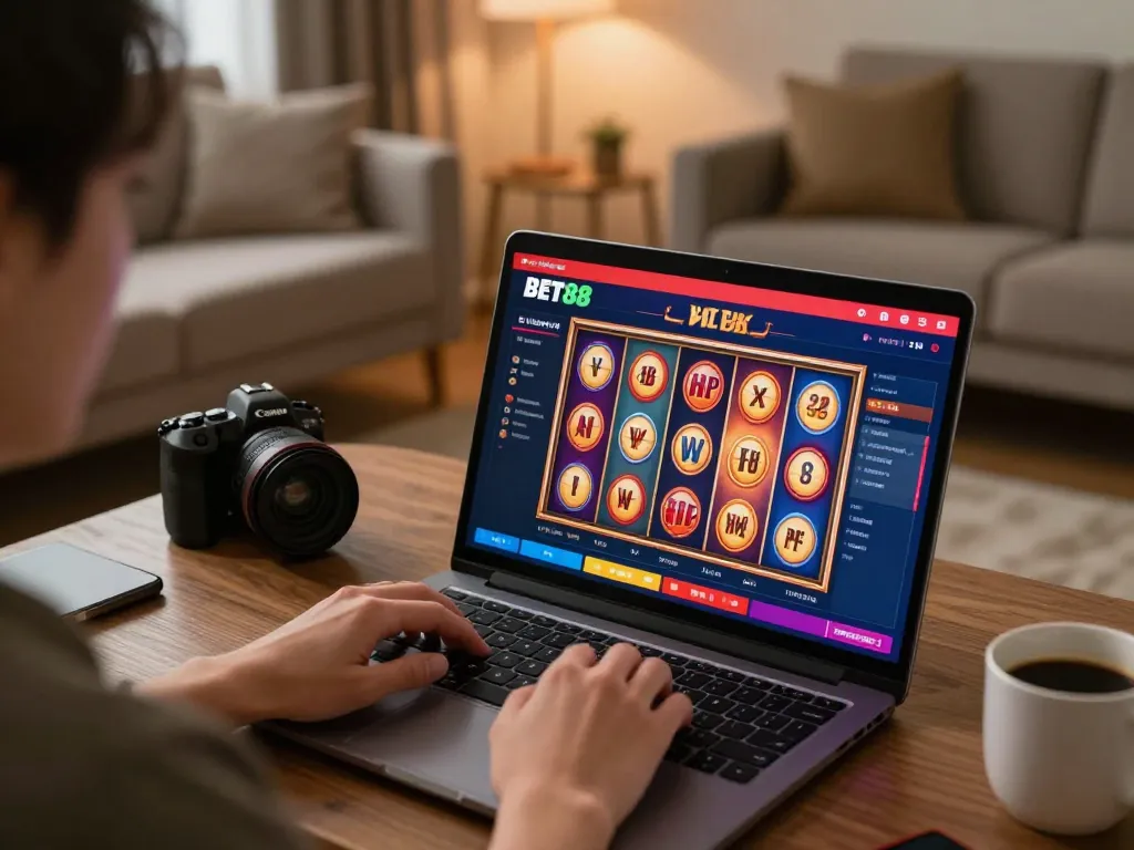 Engaging in online gaming at BET88 with a vibrant casino interface on laptop.