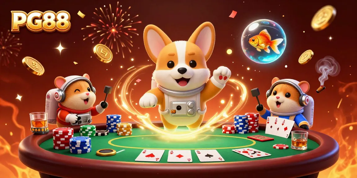 Experience fun gameplay at PG88 casino with cartoon astronaut corgi and mission-control hamster.