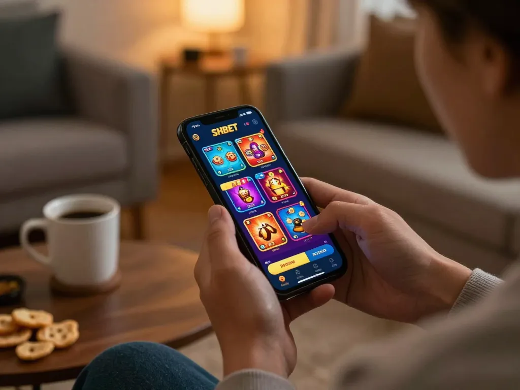 Engaging mobile gameplay on SHBET app showcasing user interaction and a cozy environment.
