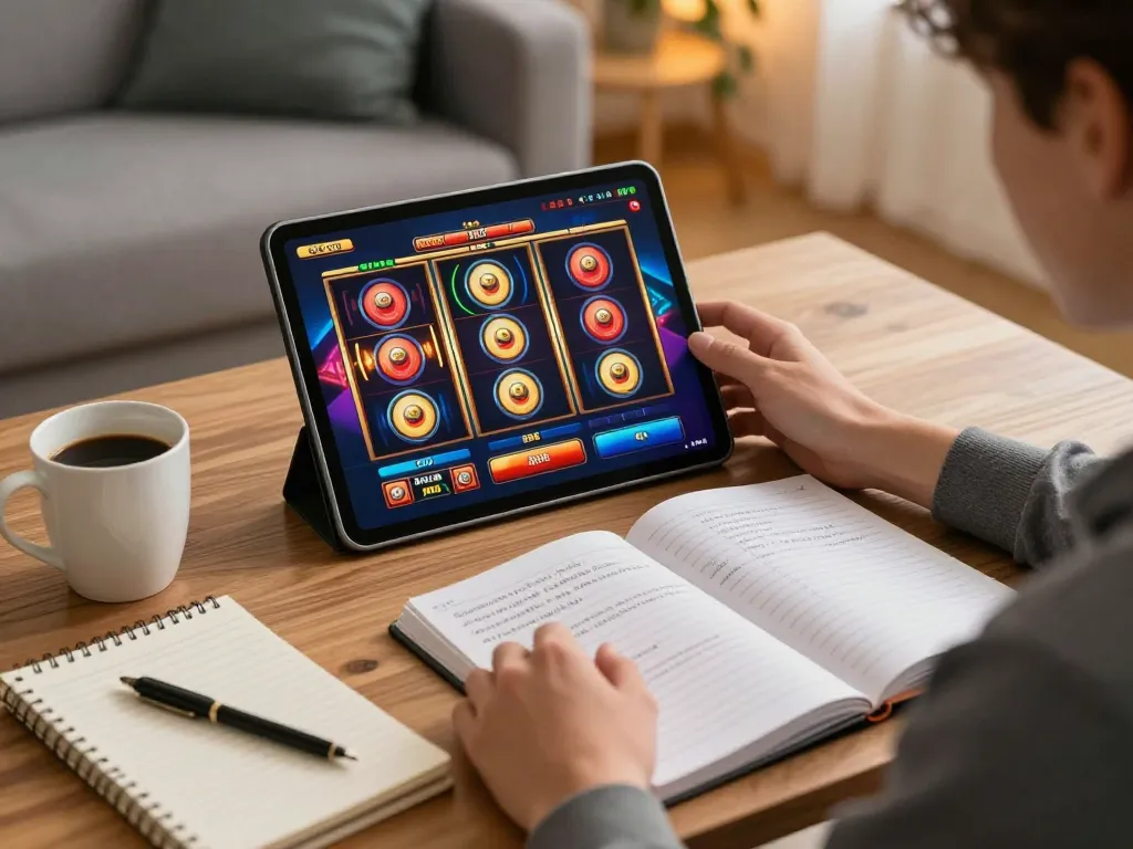 Sunwin player engaging in thrilling slot games at home, showcasing gaming strategy elements and a comfortable atmosphere.